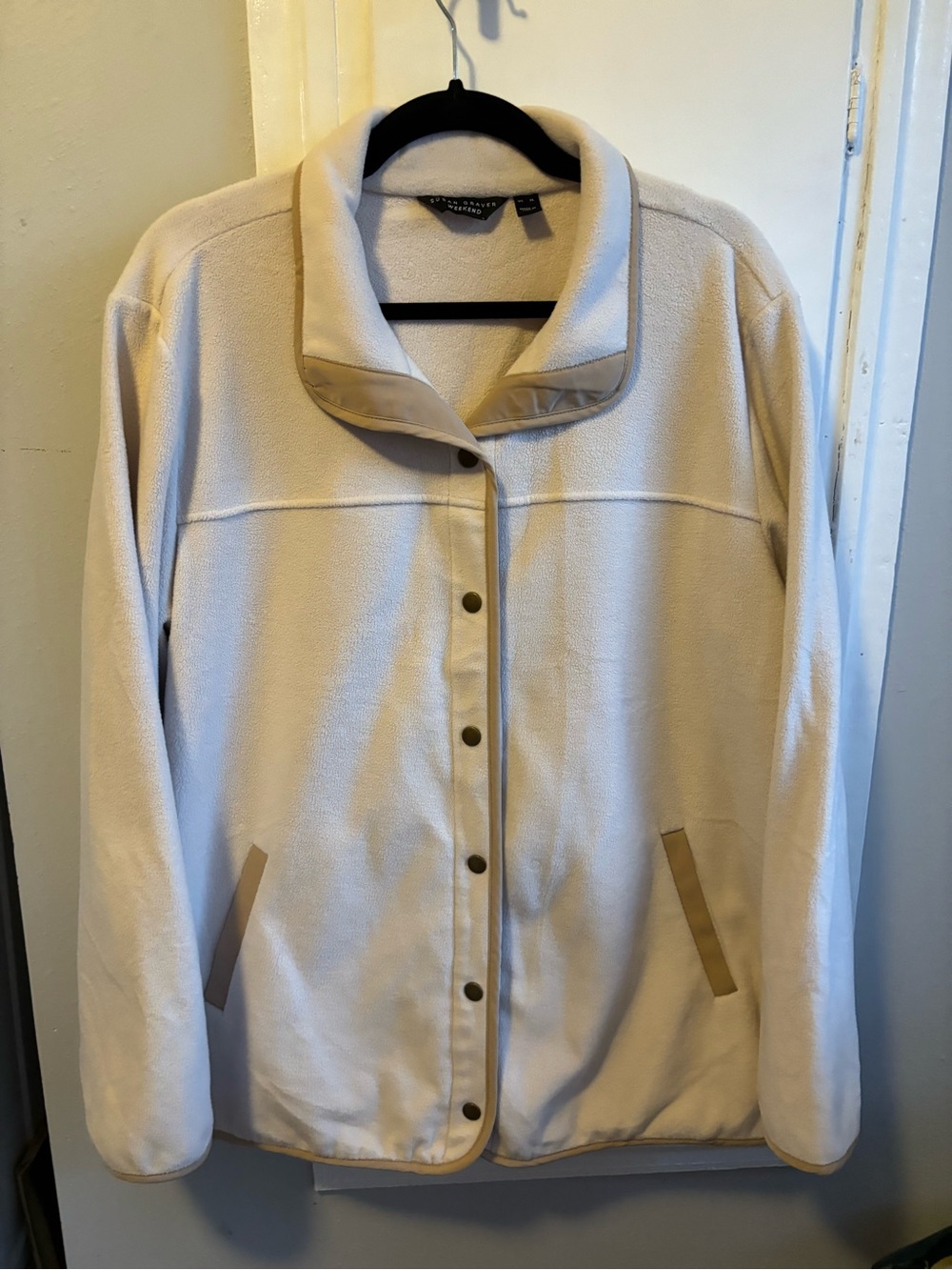 Susan Graver Cream Teddy Jacket with Tan Trim